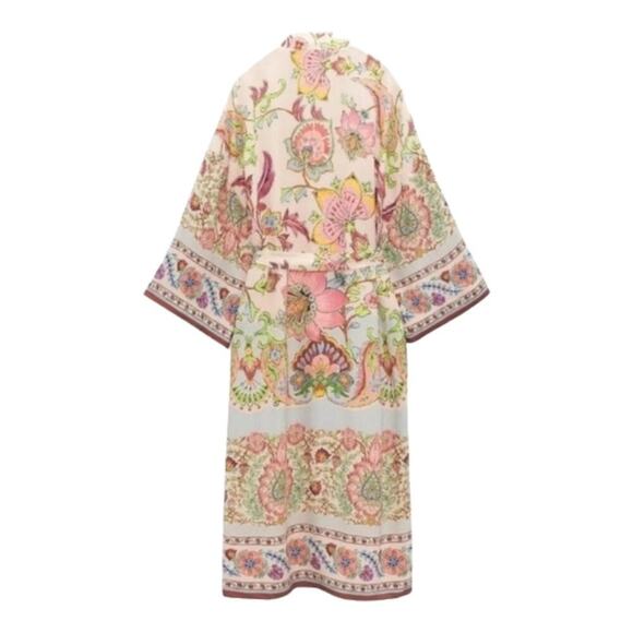 ZARA Pink Printed Belted Long Line Open Front Kimono Robe Duster Sz XS S M New - Picture 7 of 15